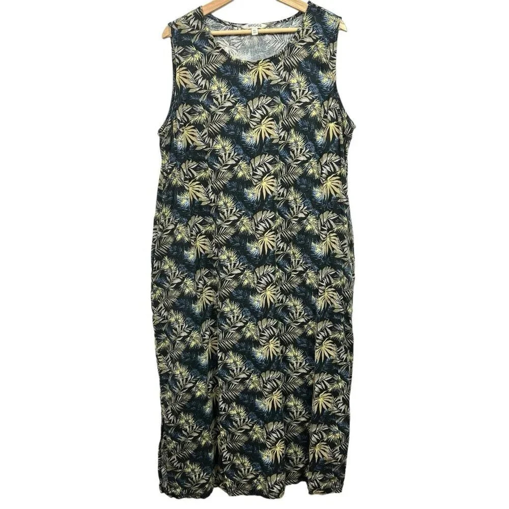 Briggs Sleeveless Dress XXL Multicolor Leaf Floral Linen Blend Pockets Tropical